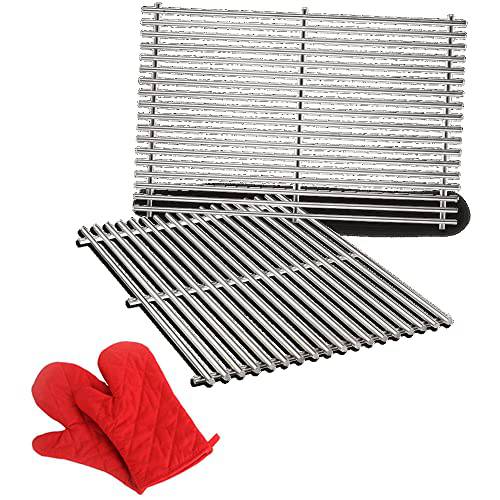 Weber 7528 Stainless Steel Cooking Grates Genesis 300 Series Grills Bundle with Deco Essentials Pair of Red Heat Resistant Oven Mitt - Grill Parts America