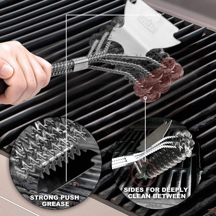 GRILLART Grill Brush and Scraper Best BBQ Brush for Grill, Safe 18  Stainless Steel Woven Wire 3 in 1 Bristles Grill Cleaning Brush 