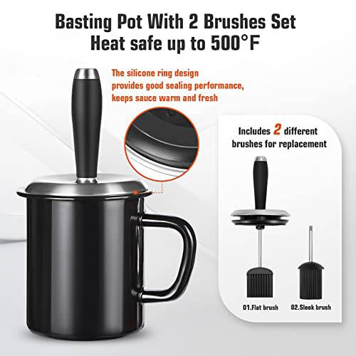 WEQUALITY 25oz Basting Pot with 2 Replaceable Basting Brush Set，Grill BBQ Accessories,Cooking&Grilling Gifts for Men for Dad，Premium Enamel Barbecue Sauce Pot - Grill Parts America