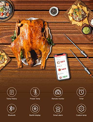 XPX Bluetooth Digital Charcoal Grill Thermometer, Smart Alarm Digital Instant Read Thermometer with 2 Probes - Grill Parts America