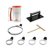 BLACKSTONE 5324 Breakfast Kit (8 Piece) Plastic Batter Dispenser, Cast Iron Bacon Griddle Weight Press, 10 Inches Stainless Steel Omelet Egg Ring, Wood Wooden Crepe Spreader Spatula, Black - Grill Parts America