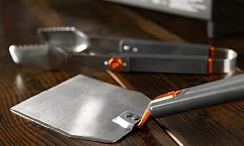 Blackstone 5294 Foldable 2 Piece Hamburger Spatula Flipper and 1 BBQ Tong-Flex Fold Model Stainless Steel-Easy to Carry and Clean Griddle Accessories Tool Set, Black, Orange - Grill Parts America