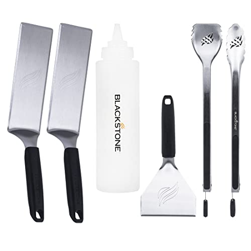 Blackstone 5464 Griddle Tool Kit Outdoor Indoor Grill BBQ Utensils Cooking Accessories-Heat Resistant– 2 Long Spatulas, 2 Angled Scraper Classic Tong, 1 (32oz) Squeeze Bottle, Black, Silver, White - Grill Parts America