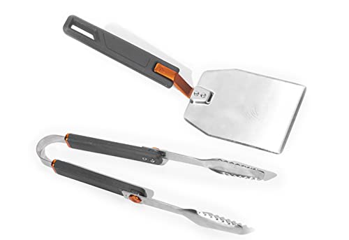 Blackstone 5294 Foldable 2 Piece Hamburger Spatula Flipper and 1 BBQ Tong-Flex Fold Model Stainless Steel-Easy to Carry and Clean Griddle Accessories Tool Set, Black, Orange - Grill Parts America