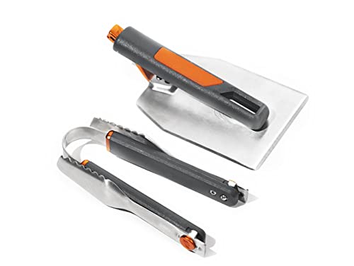 Blackstone 5294 Foldable 2 Piece Hamburger Spatula Flipper and 1 BBQ Tong-Flex Fold Model Stainless Steel-Easy to Carry and Clean Griddle Accessories Tool Set, Black, Orange - Grill Parts America