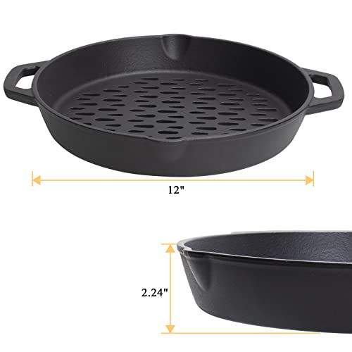 MOASKER 12" Cast Iron Round Grill Basket for Veggie Meat Fish, Dual Handle BBQ Grill Topper for Outdoor Grill, Fit for any Charcoal Smoker & Gas Grills, Nonstick Pan Tray - Grill Parts America