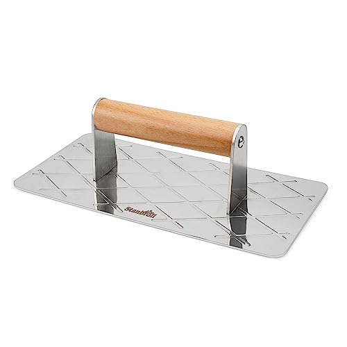 Stanbroil Stainless Steel Burger Press, Rectangular Grill Press, Burger Smasher with Wooden Handle, 9 x 4.5 Inches Bacon Press Perfect for Steak, Paninis, Flatbreads and Sandwiches - Grill Parts America