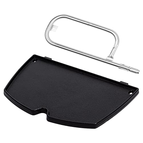 Barbqtime 17 Inch Grill Burner Tube and Cast Iron Cooking Griddle for Weber Q100 Q120 Q1000 Q1200 Baby Q Gas Grill, Stainless Steel Grill Burner Replacement Parts for Weber 41657, 69957, 60040, 6558 - Grill Parts America