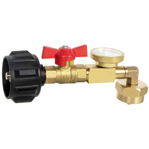 GASPRO Upgraded Propane Refill Adapter with Valve and Gauge, Fill 1 lb Bottles from 20 lb Tank, 90-Degree Elbow Design, Easy to Use, Solid Brass - Grill Parts America