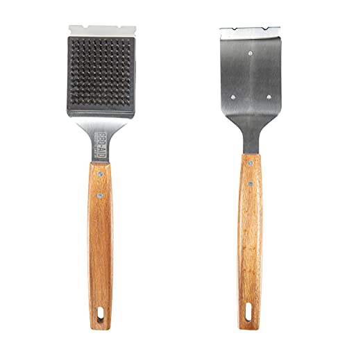 BBQ-Aid Grill Brush and Scraper for Barbecue – Grill Brush for Outdoor Grill with Extended, Large Wooden Handle and Replaceable Stainless Steel Bristles Head –No Scratch- BBQ Grill Brush for Any Grill - Grill Parts America