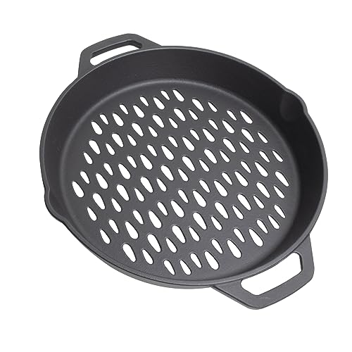 MOASKER 12" Cast Iron Round Grill Basket for Veggie Meat Fish, Dual Handle BBQ Grill Topper for Outdoor Grill, Fit for any Charcoal Smoker & Gas Grills, Nonstick Pan Tray - Grill Parts America