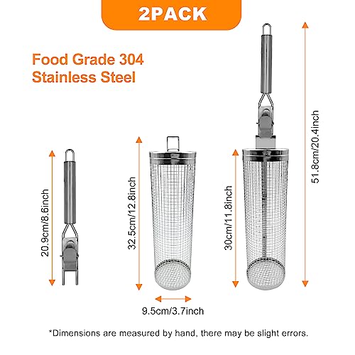 DETEIN 2PACK Rolling Grill Basket with Easy-Rolling Handle, BBQ Grill Basket Cylinder for Outdoor Grill, Cylinder Grill Basket for Veggies Portable Round Tube Grill for Vegetables, Peppers, Meat - Grill Parts America
