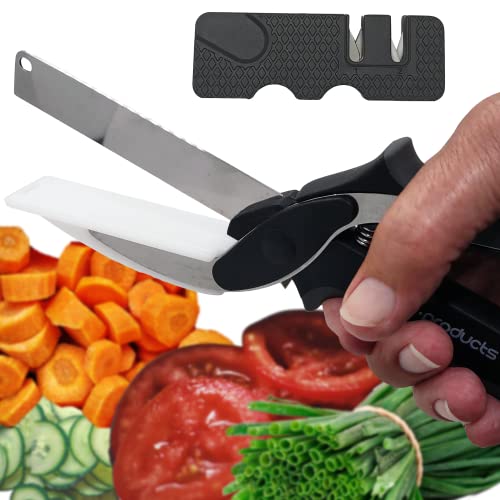 Vegetable Slicer Kitchen Cutter Salad Scissors - 2 in 1 Cutting Board Knife - Plus Blade Sharpener - Salad Chopper Food Cutting Scissors - Easy Cut Smart Cutter - A Clever Gift