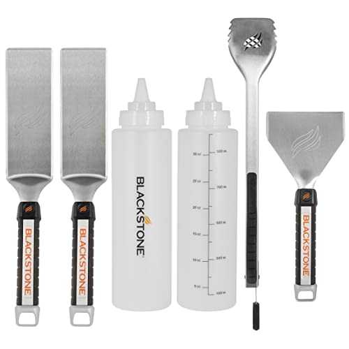 Blackstone 5322 Griddle Kit (6-Piece) Scraper, Heavy Duty BBQ Tongs, Barbecue Metal Hamburger Spatula (2) & Batter Dispenser & Mixer Bottle – Grilling Tools & Accessory, No Size, Black - Grill Parts America