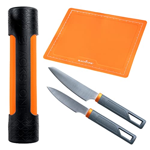 Blackstone 5433 Knife Roll Kit 1 Silicone Prep Mat, Integrated Salt and Pepper Shaker, 1 Large Prep Knife, 1 Small Prep Knife, 1 Containment Tube, Stainless Steel, Chef Travel Roll Bag/Case Orange - Grill Parts America