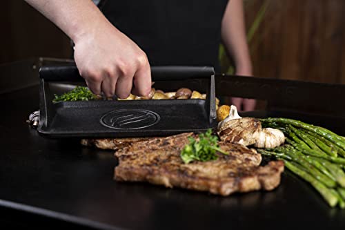 Blackstone 5553 Pre-Seasoned Cast Iron Griddle Press Medium Heavy Duty-Meat, Burger, Bacon, Steak, Panini, Sandwich, Sausage Heat Resistant Rubber Handle-10” x 5.5” (Rectangle), Black - Grill Parts America