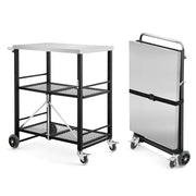 LUE BONA Foldable Outdoor Grill Cart with 2 Total Lock Casters, Stainless Steel Pizza Oven Stand, Rolling BBQ Table and 3 Shelf Folding Kitchen Island, Black - Grill Parts America
