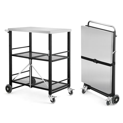 LUE BONA Foldable Outdoor Grill Cart with 2 Total Lock Casters, Stainless Steel Pizza Oven Stand, Rolling BBQ Table and 3 Shelf Folding Kitchen Island, Black - Grill Parts America