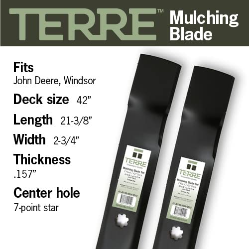 Terre Products, 2 Pack Mulching Mower Blades, 42 Inch Deck, Compatible with John Deere 105, 115, 125, 135, LA100, LA105, LA110, LA115, LA120, Replaces John Deere GY20850, AM137328, AM141033, GX22151 - Grill Parts America
