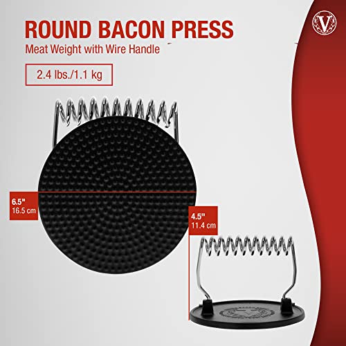 Victoria Round Cast Iron Meat Press with a Wire Handle, Preseasoned with Flaxseed Oil, Made in Colombia - Grill Parts America