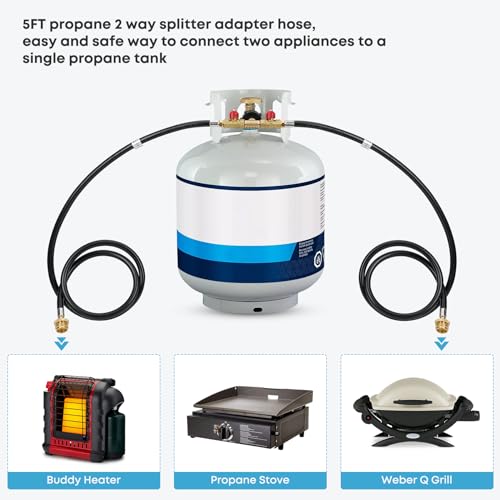 Stanbroil 5 Feet Propane Hose with QCC1 / Type1 Fitting, 2 Way Y Splitter Hose with Shut Off Valve Perfect for Camping, Heater, Grill, Stove - Grill Parts America