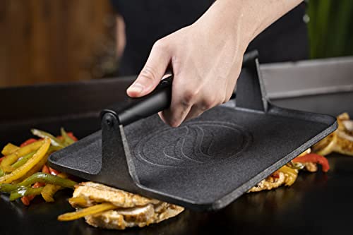 Blackstone 5554 Pre-Seasoned Signature Cast Iron Griddle Grill Press XL Extra Wide Base Heavy Duty-Meat, Burger, Bacon, Steak, Sausage Heat Resistant Handle-10” x 10” x 4” (Square), Black - Grill Parts America