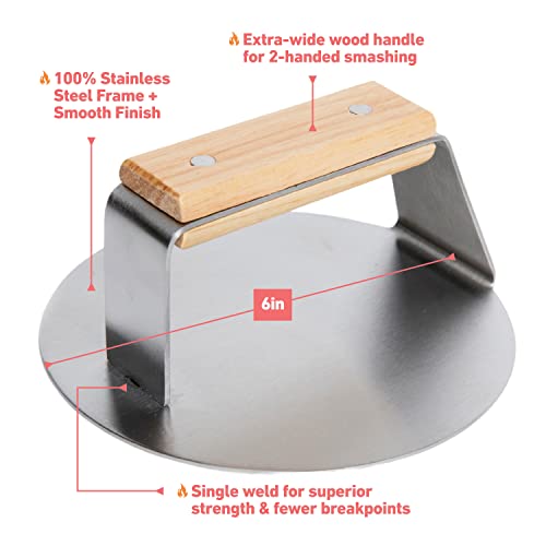 The Sasquash - 6" Heavy Duty Extra Wide Flat Handle Smashed Burger Press - Grill Parts America