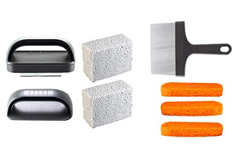 Blackstone 5060 Grill & Griddle Kit 8 Pieces Premium Flat Top Grill Accessories Cleaner Tool Set-1 Stainless Steel 6" Scraper, 3 Scouring Pads, 2 Cleaning Bricks, and 1 Handle, Black - Grill Parts America