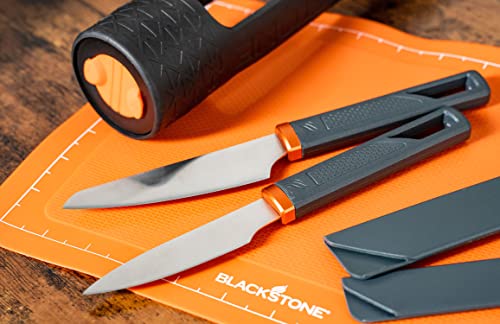 Blackstone 5433 Knife Roll Kit 1 Silicone Prep Mat, Integrated Salt and Pepper Shaker, 1 Large Prep Knife, 1 Small Prep Knife, 1 Containment Tube, Stainless Steel, Chef Travel Roll Bag/Case Orange - Grill Parts America
