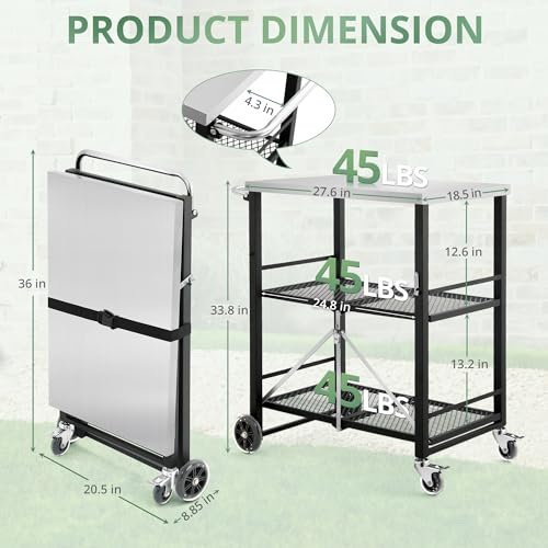 LUE BONA Foldable Outdoor Grill Cart with 2 Total Lock Casters, Stainless Steel Pizza Oven Stand, Rolling BBQ Table and 3 Shelf Folding Kitchen Island, Black - Grill Parts America
