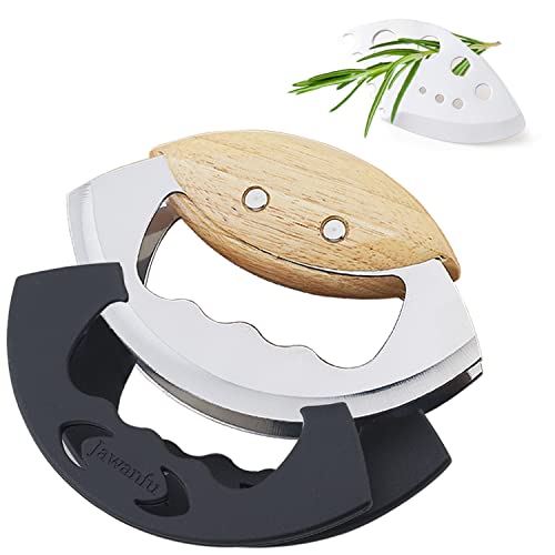 Jawanfu Chop Salad Chopper, Double Blade Long Lasting Sharp Chop Salad Tool for Chopped Salad , Wooden Handle Mezzaluna Mincer Knife with Protective Covers - Kitchen Parts America