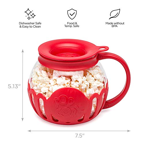 Ecolution Patented Micro-Pop Microwave Popcorn Popper with Temperature Safe Glass, 3-in-1 Lid Measures Kernels and Melts Butter, Made Without BPA, Dishwasher Safe, 1.5-Quart, Red - Grill Parts America