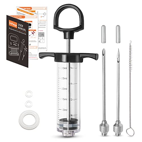 Stainless Steel Meat Injector Syringe For BBQ - Includes 3 Needles, Thermometer & Brush | Tusitano Set