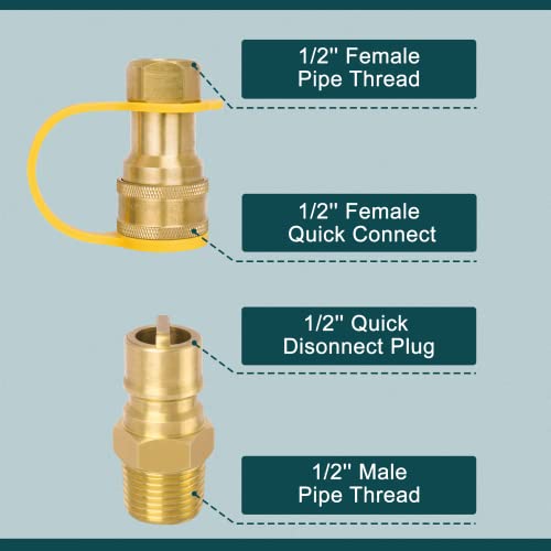 GASPRO 1/2 Inch Natural Gas Quick Connect Fittings, Natural and Propane Gas Hose Plug Set, 1/2 FNPT x 1/2 Female Quick Connect Disconnect, 1/2 MNPT x 1/2 Male Quick Connect, Solid Brass - Grill Parts America