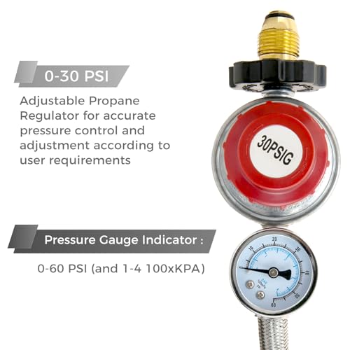 12Ft 0-30PSI High Pressure Adjustable Propane Regulator with Gauge, Stainless Steel Braided Hose with 0~60PSI Gas Flow Indicator Fit for Grill, Turkey Fryer, Fire Pit, POL x 3/8" Female Flare Fitting - Grill Parts America