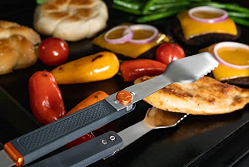 Blackstone 5294 Foldable 2 Piece Hamburger Spatula Flipper and 1 BBQ Tong-Flex Fold Model Stainless Steel-Easy to Carry and Clean Griddle Accessories Tool Set, Black, Orange - Grill Parts America