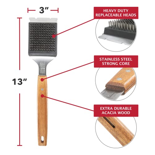 BBQ-Aid Grill Brush and Scraper for Barbecue – Grill Brush for Outdoor Grill with Extended, Large Wooden Handle and Replaceable Stainless Steel Bristles Head –No Scratch- BBQ Grill Brush for Any Grill - Grill Parts America