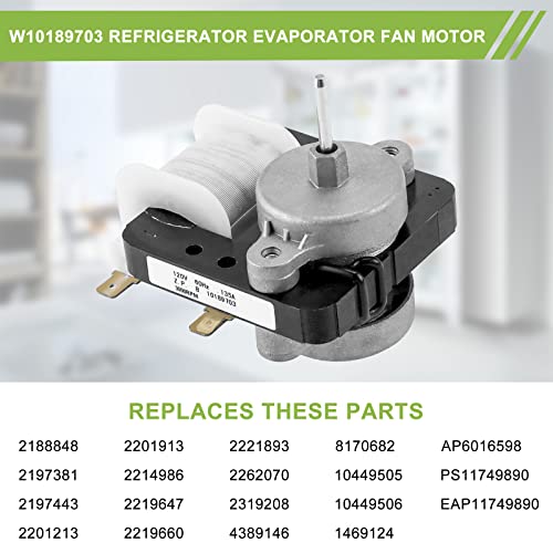 AMI PARTS W10189703 Refrigerator Evaporator Fan Motor Fit for Whirl-Pool Ken-More Refrigerators - Replaces WPW10189703, AP6016598, 2214986, 2219647, 10449505, 10449506, 2188848, 2197381 - Grill Parts America
