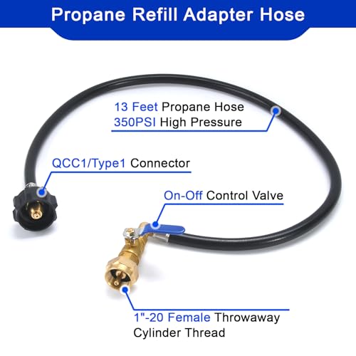 GasSaf 3FT Propane Refill Adapter Hose, Propane Refill Kit with ON/OFF Control Valve for Filling 1 lb Propane Tank Cylinder Bottle - Grill Parts America