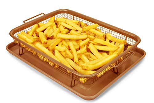 EaZy MealZ Crisping Basket & Tray Set | Air Fry Crisper Basket | Tray & Grease Catcher | Even Cooking | Non-Stick | Healthy Cooking (9.5" x 13", Copper) - Kitchen Parts America