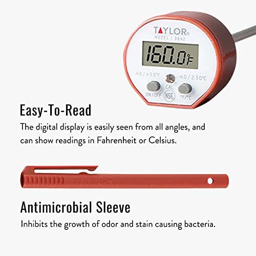 Taylor Waterproof Digital Instant Read Thermometer For Cooking, BBQ, Grilling, Baking, And Meat, Comes With Pocket Sleeve Clip, Red - Grill Parts America
