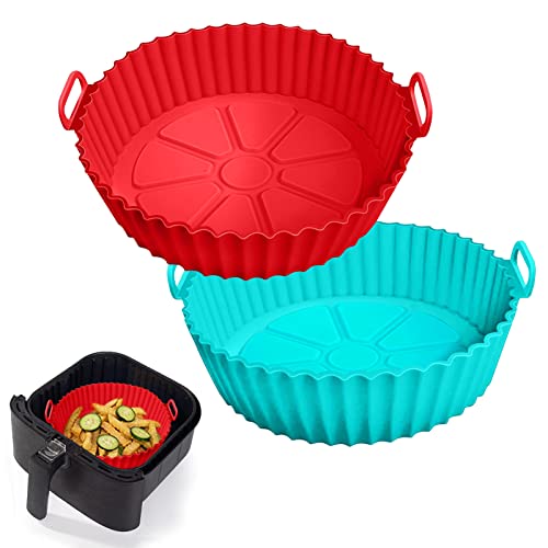 2 Pack Air Fryer Silicone Liners Pot for 3 to 5 QT, Basket Bowl, Replacement of Flammable Parchment Paper, Reusable Baking Tray Oven Accessories, Red+Blue, (Top 8in, Bottom 6.75in) - Grill Parts America