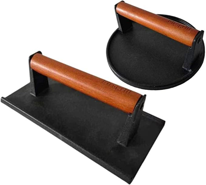 Firsgrill Heavy-Duty Cast Iron Burger Press & Smasher - 6.5" Round & 4.3x8.3" Rectangle For Griddle, Grill & Blackstone
