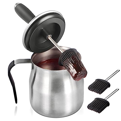 BBQ Basting Pot with 3 Basting Brushes Set,Christmas BBQ Gifts Grilling Gifts for Men Dad,Airtight Stainless Steel Barbecue Sauce Pot,Silicone BBQ