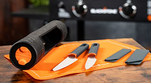 Blackstone 5433 Knife Roll Kit 1 Silicone Prep Mat, Integrated Salt and Pepper Shaker, 1 Large Prep Knife, 1 Small Prep Knife, 1 Containment Tube, Stainless Steel, Chef Travel Roll Bag/Case Orange - Grill Parts America