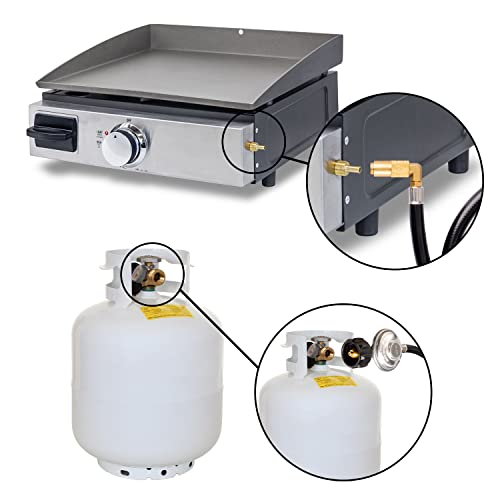DOZYANT 6 Feet Propane Regulator and Hose with Elbow Adapter for Blackstone 17 inch and 22 inch Table Top Griddle, Replacement Parts Connect to Large 20 Propane Tank - Grill Parts America