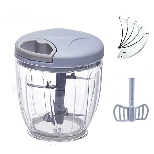 Hand Pull String Vegetable Chopper Onions Chopper，Manual Food Chopper for food，Food Blender Environmental Protection and Energy Saving Green （Send: five spare blades and egg beater）(900ML, blue) - Kitchen Parts America
