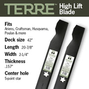 Terre Products, 2 Pack High Lift Lawn Mower Blades, 42 Inch Deck, Compatible with Craftsman LT1000, LT2000, Ariens, Husqvarna, Poulan, Snapper, Sears, Replacement for 138971, 134149, 138498, 532138971 - Grill Parts America