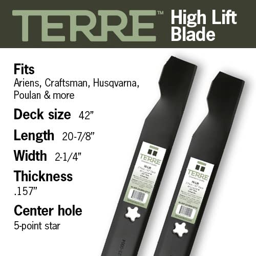 Terre Products, 2 Pack High Lift Lawn Mower Blades, 42 Inch Deck, Compatible with Craftsman LT1000, LT2000, Ariens, Husqvarna, Poulan, Snapper, Sears, Replacement for 138971, 134149, 138498, 532138971 - Grill Parts America