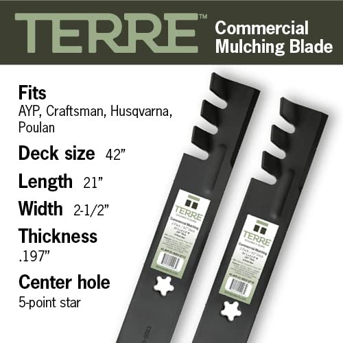Terre Products, 2 Pack Mulching Lawn Mower Blades, 42 Inch Deck, Compatible with Craftsman, Husqvarna, Poulan, Replacement for 134149, 138971, 138498, 127843, 532138971, 532138498, PP24003 - Grill Parts America
